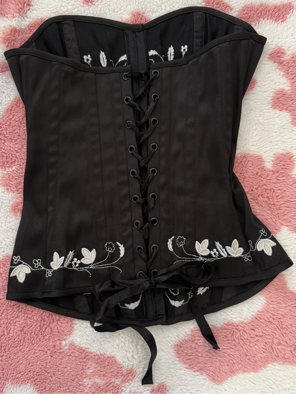 Y2K Coquette Black Embroidered Corset Top with White Floral | Lace Up Waist S - Picture 2 of 3